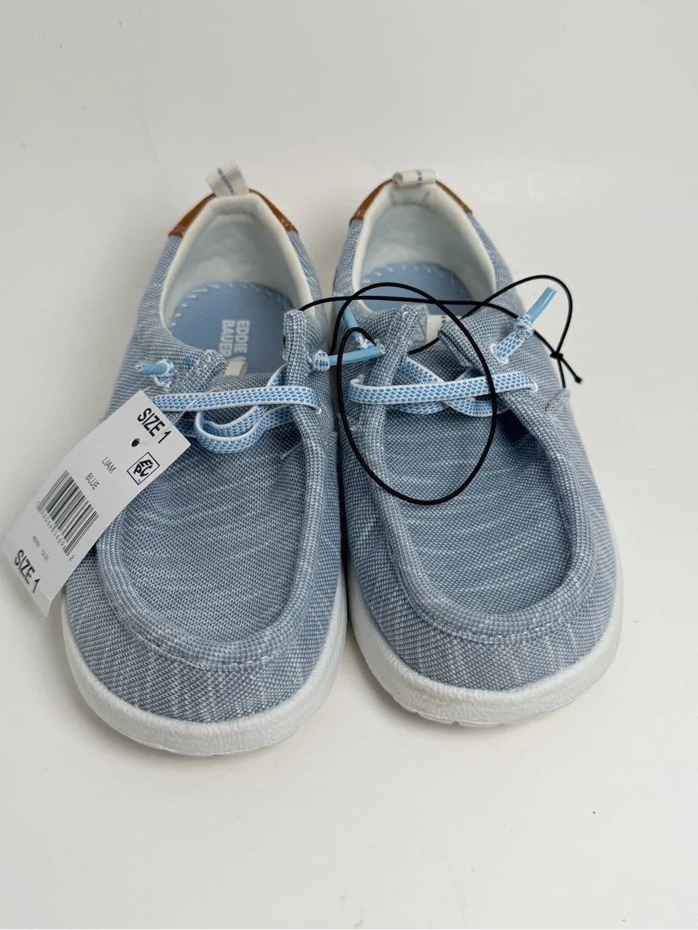 Eddie Bauer Kids Light Blue Slip-On Moccasins with Brown Heel Patch